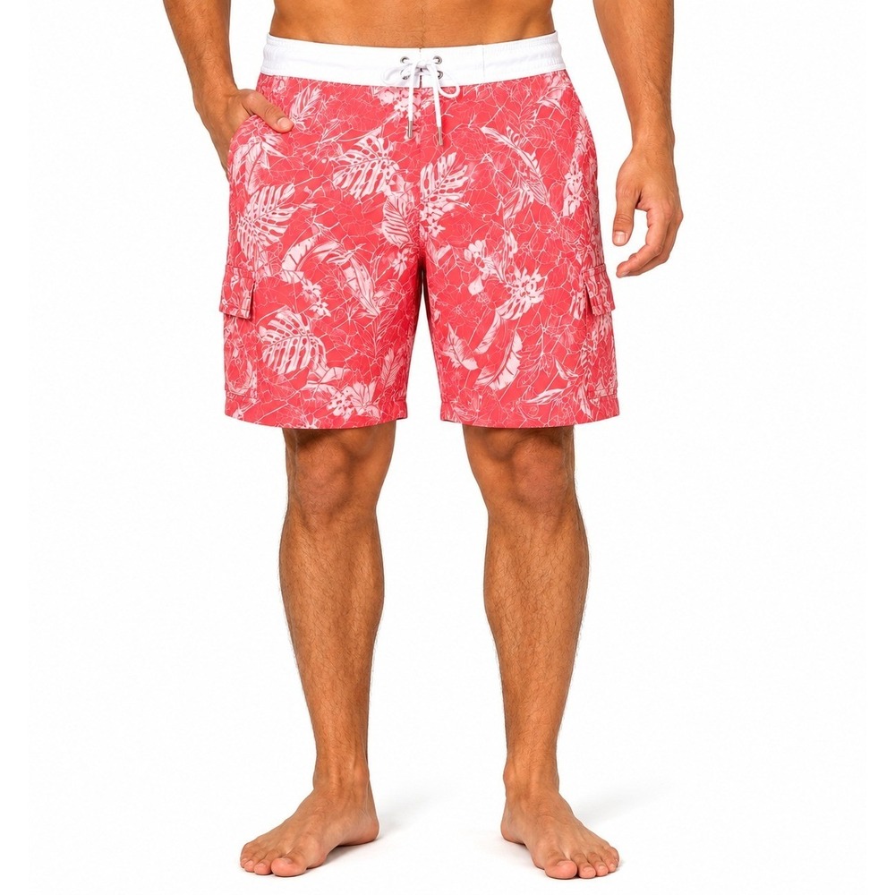 Catalina Mens Tropics Boardshorts Coral Pink Tropical‎ Print Cargo Swim Trunks L